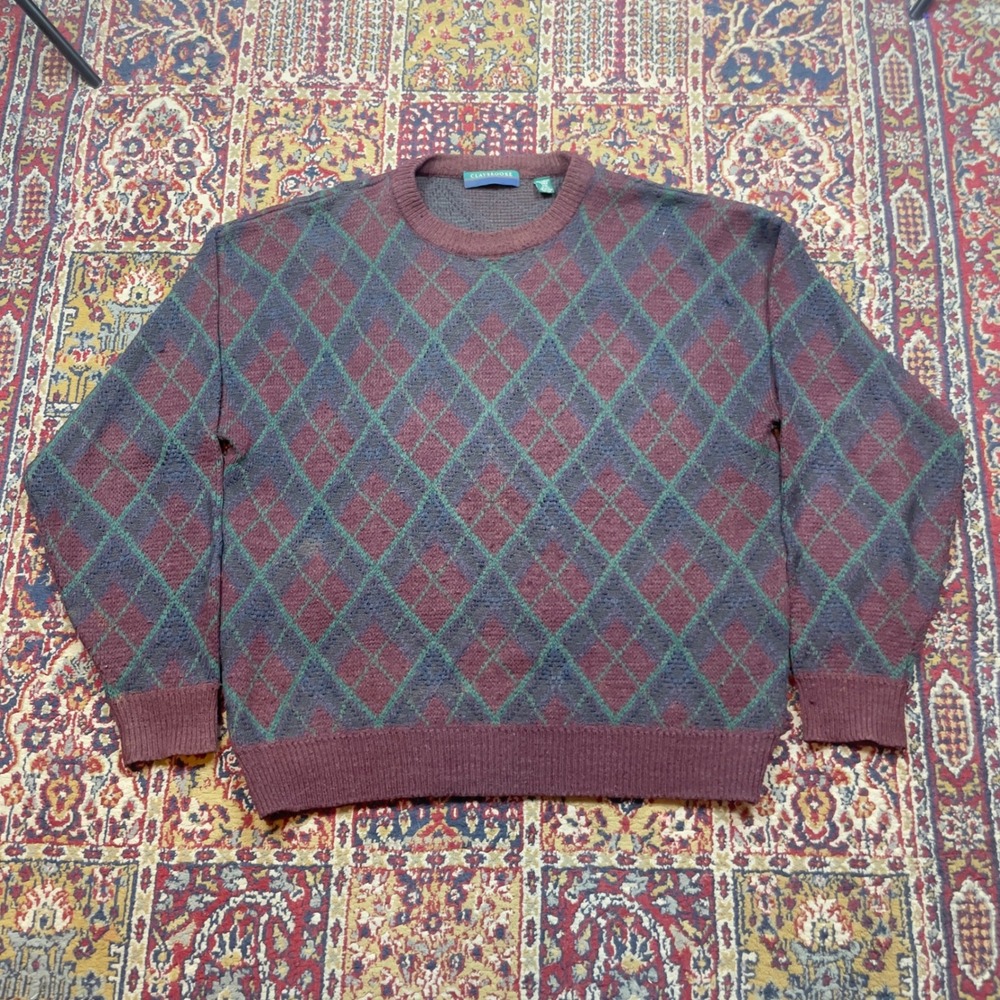 VTG 90s CLAYBROOKE Mens Argyle Knit Sweater‎ Pullover Burgundy Green Blue XXL